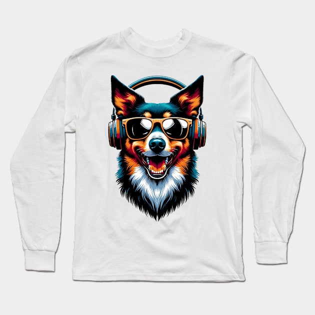 Australian Kelpie Smiling DJ with Headphones Art Long Sleeve T-Shirt by ArtRUs